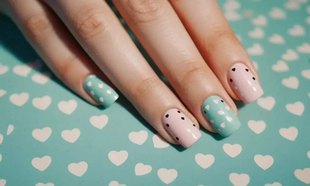 A close-up photo capturing a hand with neatly manicured nails adorned with tiny pastel hearts and polka dots, exuding a charming and minimalist vibe.