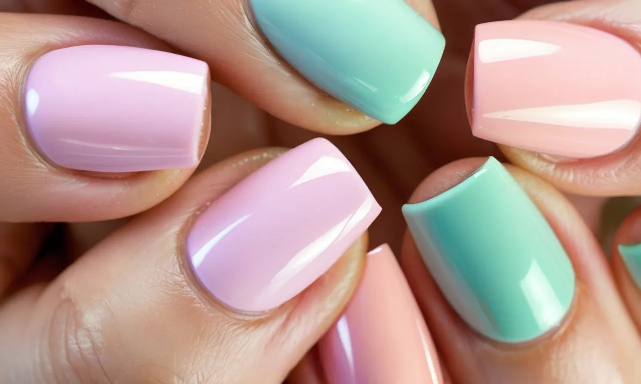 A close-up shot capturing a vibrant array of adorable pastel nail polishes on perfectly manicured short nails, showcasing their cuteness and versatility.