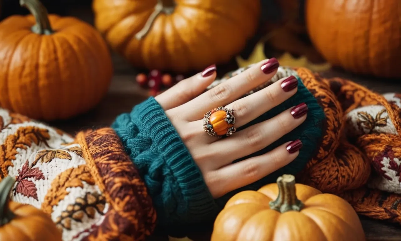 A close-up shot capturing a beautifully manicured hand adorned with intricate fall-themed nail art, featuring cute patterns of pumpkins, autumn leaves, and cozy sweaters.