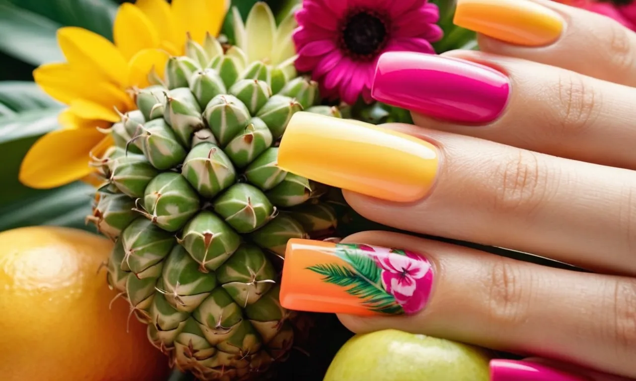 A close-up shot capturing a vibrant summer-themed manicure, adorned with colorful flowers, playful fruit slices, and tiny palm trees, exuding a charming and adorable vibe.