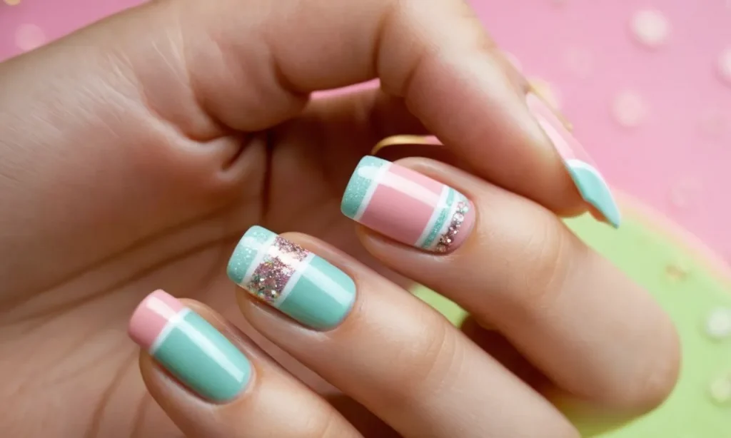 A close-up photo showcasing a vibrant and playful nail design on tiny fingers, featuring adorable patterns, pastel colors, and delicate glitter accents, perfect for stylish 11-year-old girls.