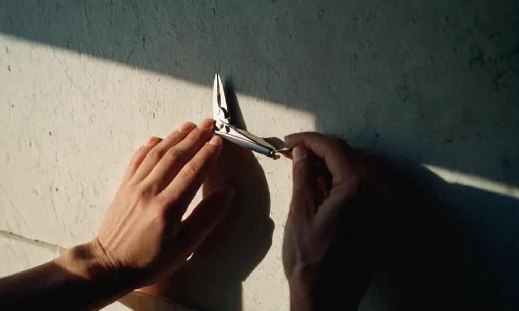 a pair of hands delicately holds a nail clipper, casting long shadows on the wall. The moon's glow illuminates the scene, emphasizing the eerie atmosphere of the "cutting nails at night" superstition.