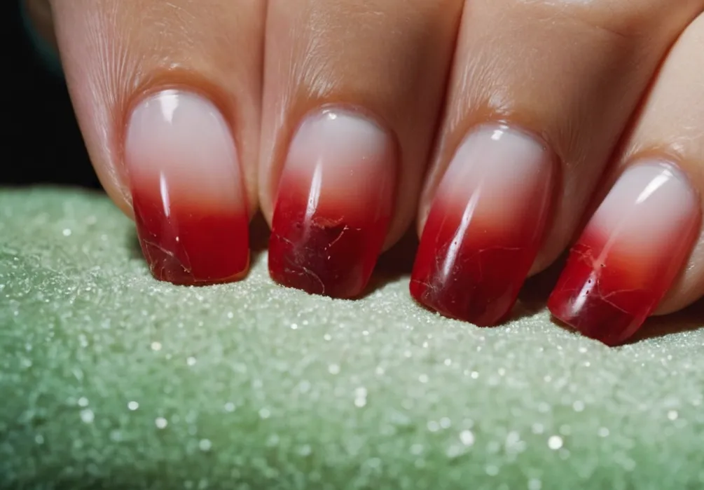 Close-up shot of a damaged nail bed after acrylic removal; the once healthy bed now reveals redness, inflammation, and peeling skin, highlighting the consequences of improper nail care.