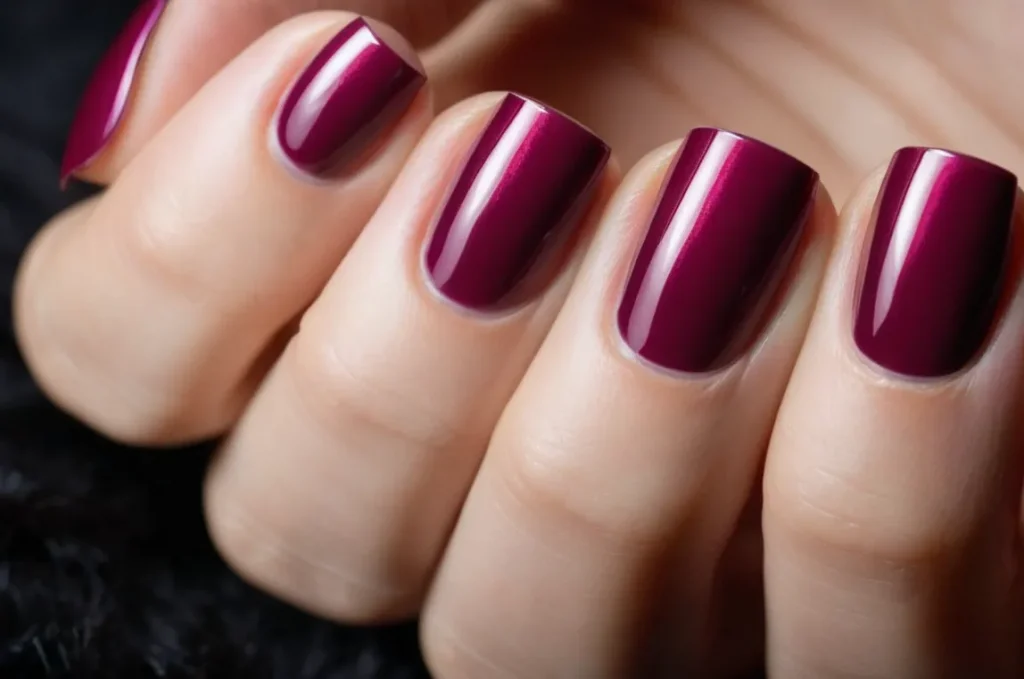 A close-up shot of a woman's hand showcasing perfectly manicured nails with a glossy dark pink gel polish, radiating elegance and sophistication.
