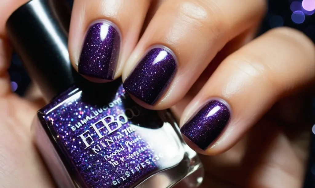 A close-up shot captures the mesmerizing sparkle of a dark purple glitter nail polish, reflecting light like a starry night sky on a well-manicured hand.
