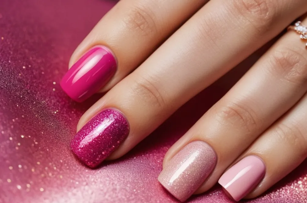A close-up photo capturing a hand adorned with various shades of delicate pink nail polish, showcasing a gradient effect that beautifully transitions from soft blush to vibrant fuchsia.