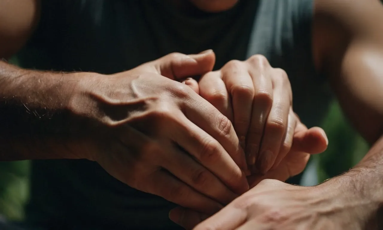 A close-up photo captures trembling hands, fingers curled into tight fists, nails digging deep into the skin, revealing the physical manifestation of stress and anxiety.
