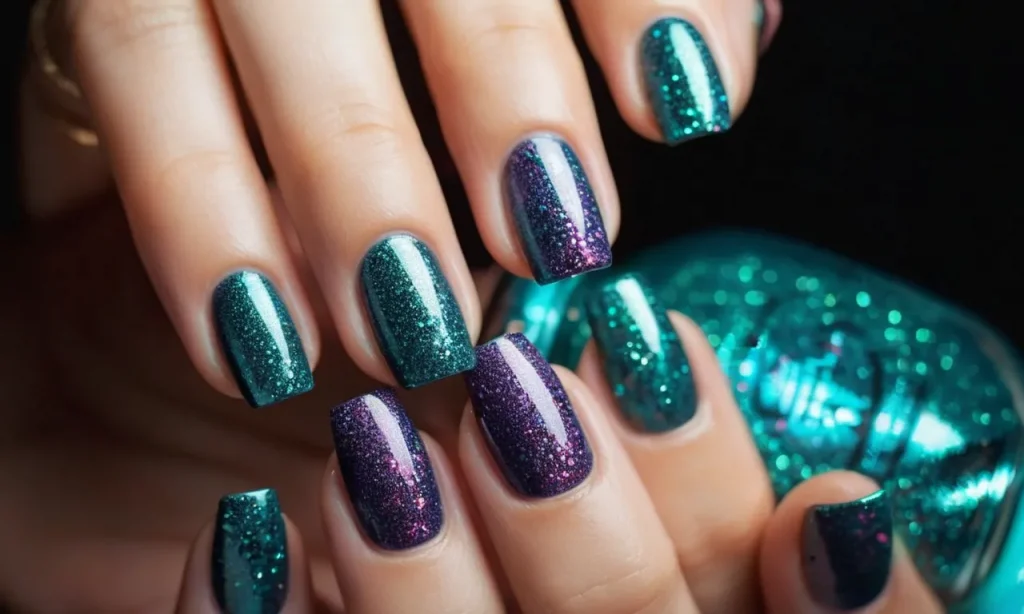 A close-up shot capturing the intricate details of a set of flawless acrylic nails, flawlessly coated with vibrant dip powder, showcasing a perfect blend of color and texture.