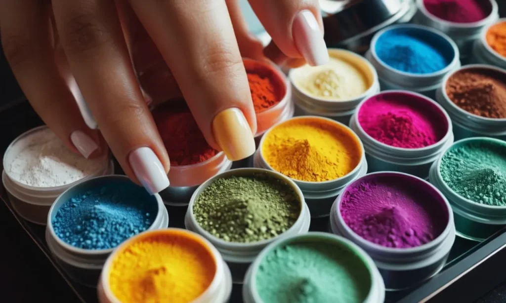 A close-up shot of a hand showcasing a vibrant array of dipping powder colors for nails, arranged in perfect order, representing a spectrum of choices for a dazzling and personalized manicure.