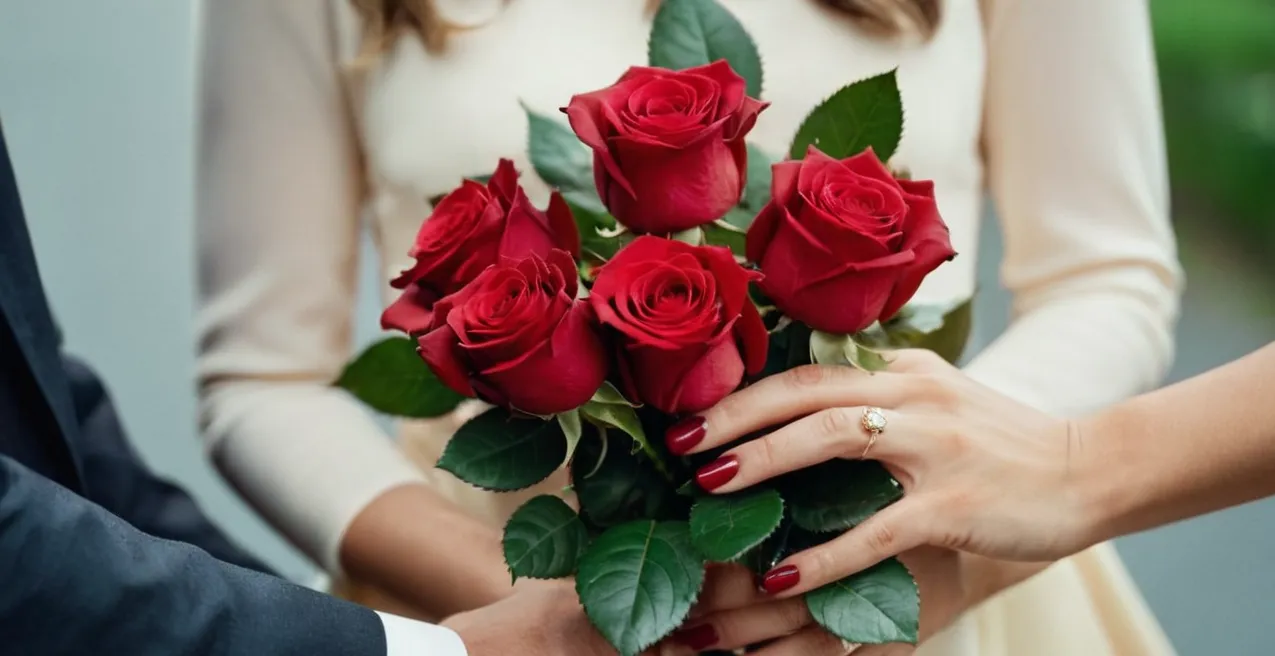 A close-up shot of a man's hands holding a bouquet of red roses, showcasing his admiration for the red nails on a woman's hand resting gently on his shoulder.