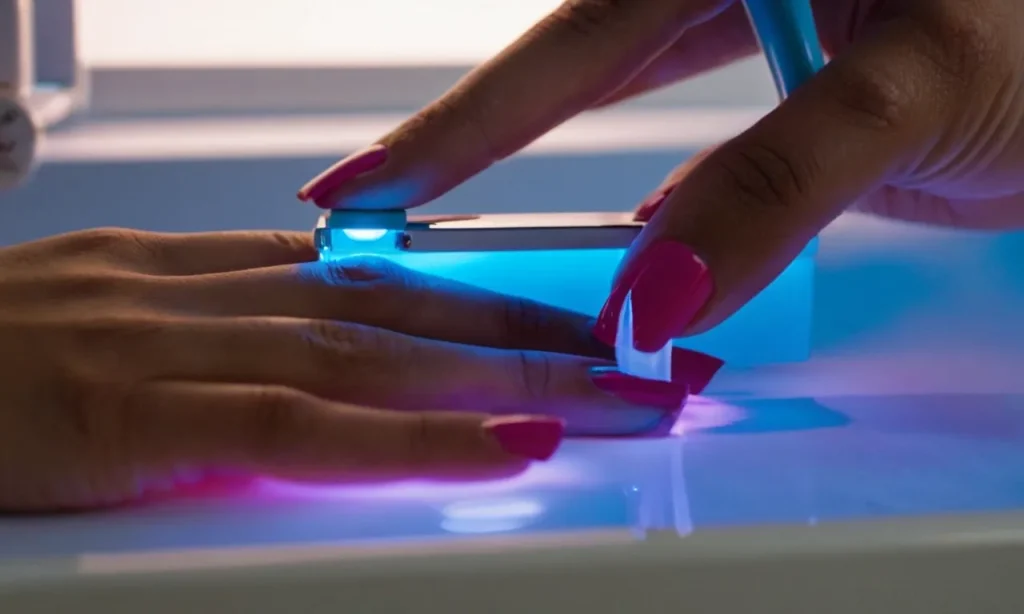 A close-up shot of a hand with perfectly manicured gel nails being cured under a UV lamp, emphasizing the importance of UV light for the gel nail application process.