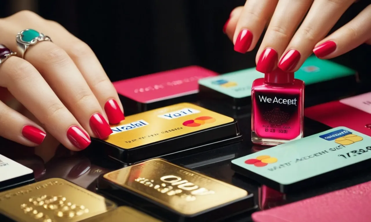 A close-up shot capturing a manicured hand holding a credit card, placed on a vibrant nail salon table adorned with colorful bottles of nail polish and a sign indicating "We Accept Credit Cards."