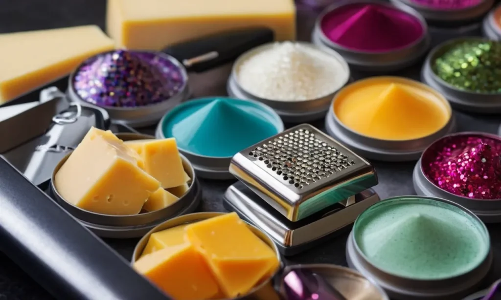 Close-up shot of a cheese grater lying on a manicure table surrounded by nail files and colorful nail polishes, highlighting the quirky question of whether nail salons use cheese graters.