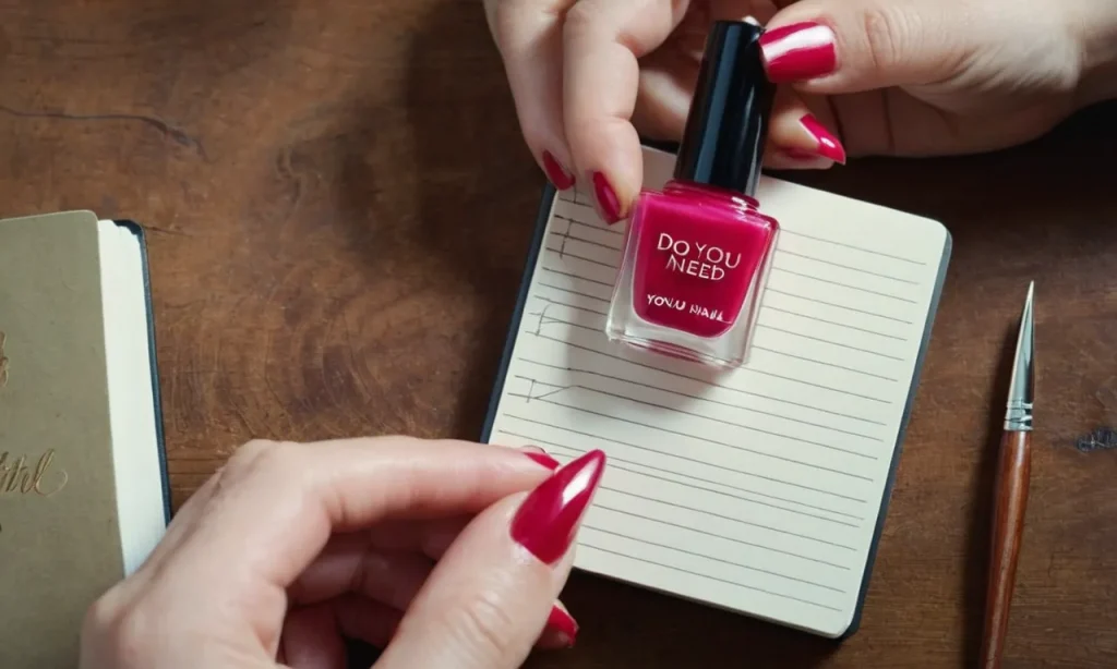A close-up photograph capturing a hand holding a nail polish brush, highlighting the question "Do you need a nail license to do nails?" written on a notepad.