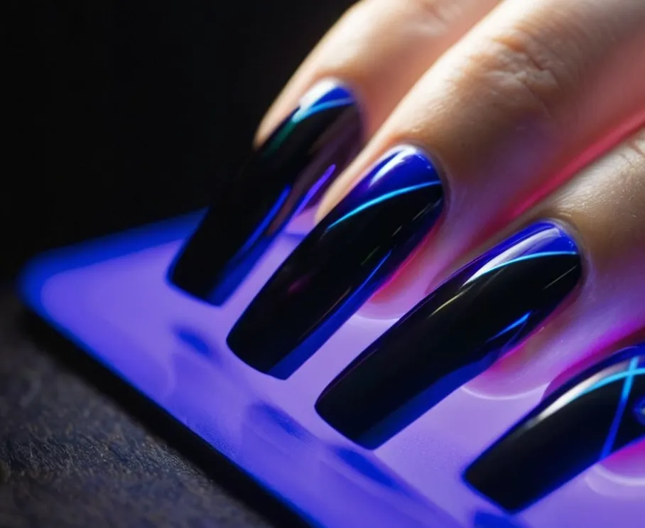 A close-up shot of a hand under UV nail lamp, showcasing beautifully manicured acrylic nails glowing under the ultraviolet light.