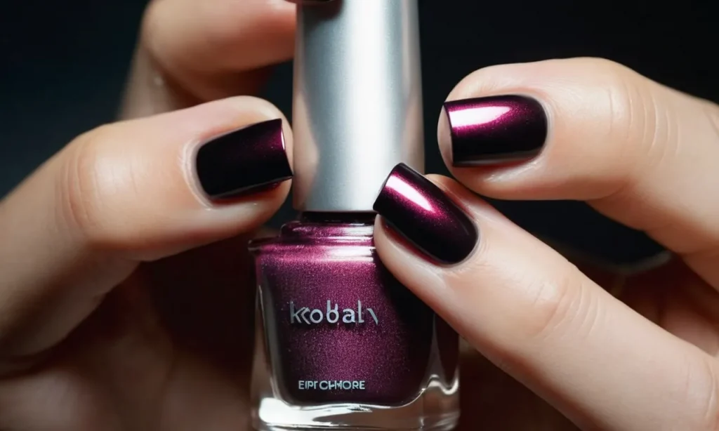 A close-up shot captures a hand delicately holding a bottle of matte nail polish, while a sleek top coat brush hovers above, ready to add a glossy finish.