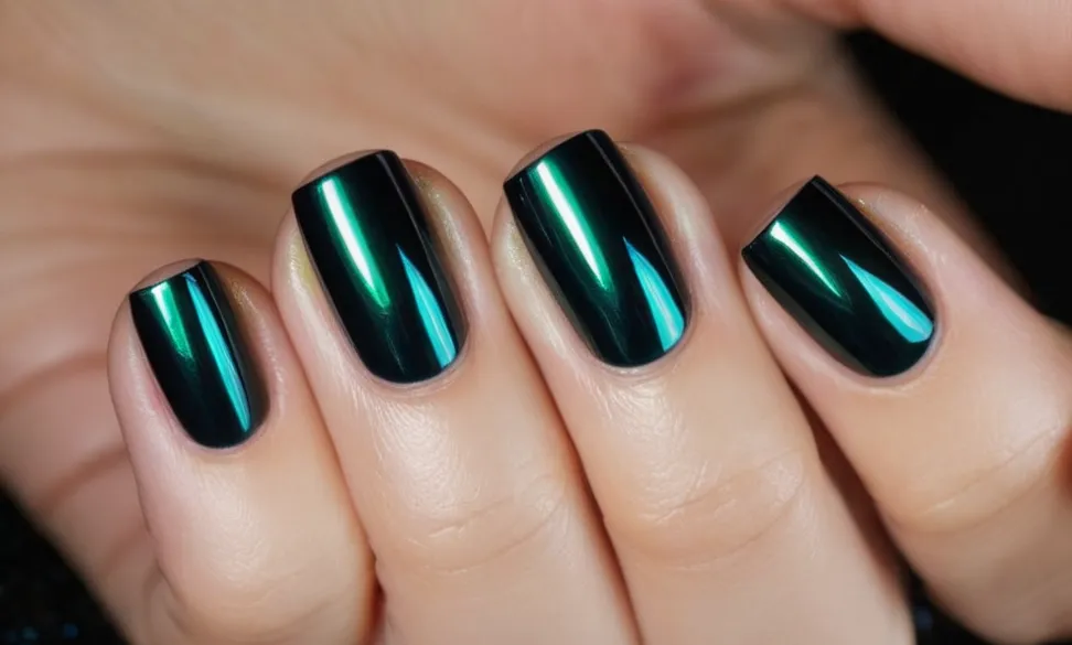 A close-up shot of a beautifully manicured hand, showcasing perfectly shaped nails with a glossy nail polish application, capturing the essence of a complete and stylish manicure.