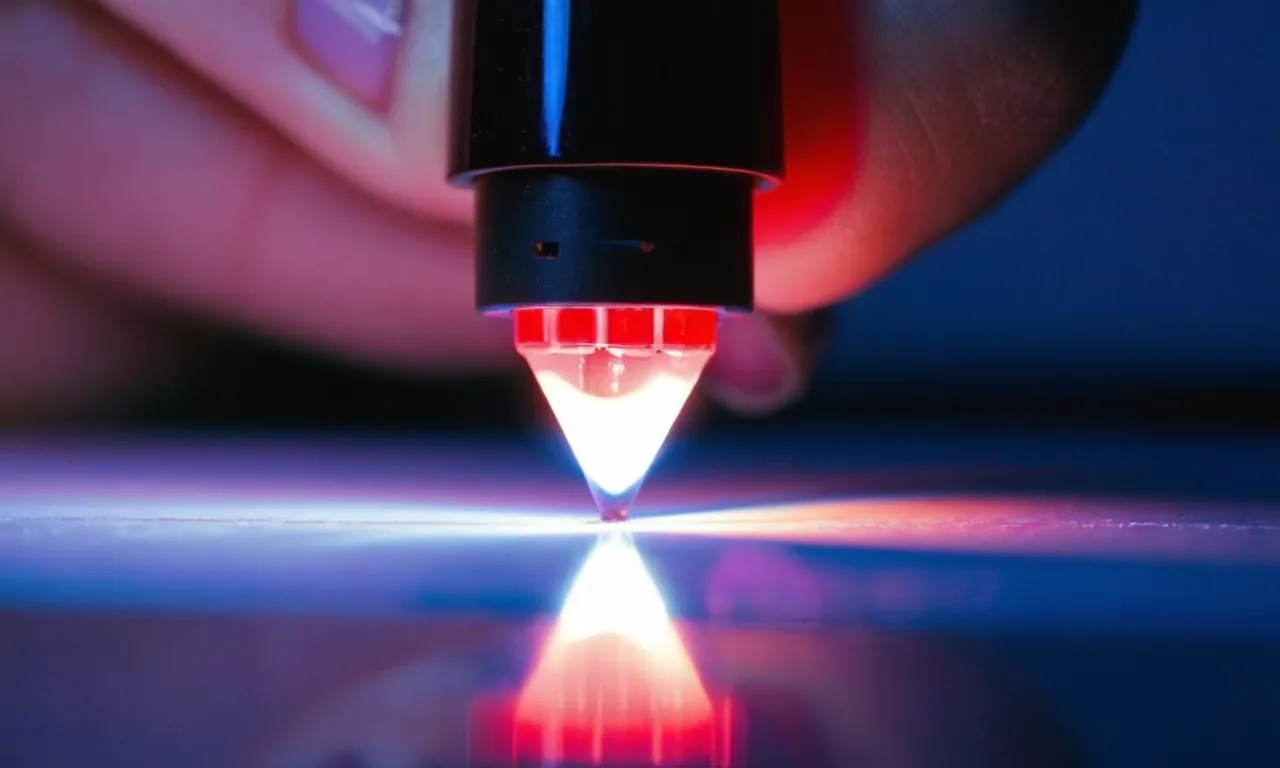 A close-up photo capturing a UV nail lamp with a freshly painted regular nail polish under it, as the light illuminates and potentially speeds up the drying process.