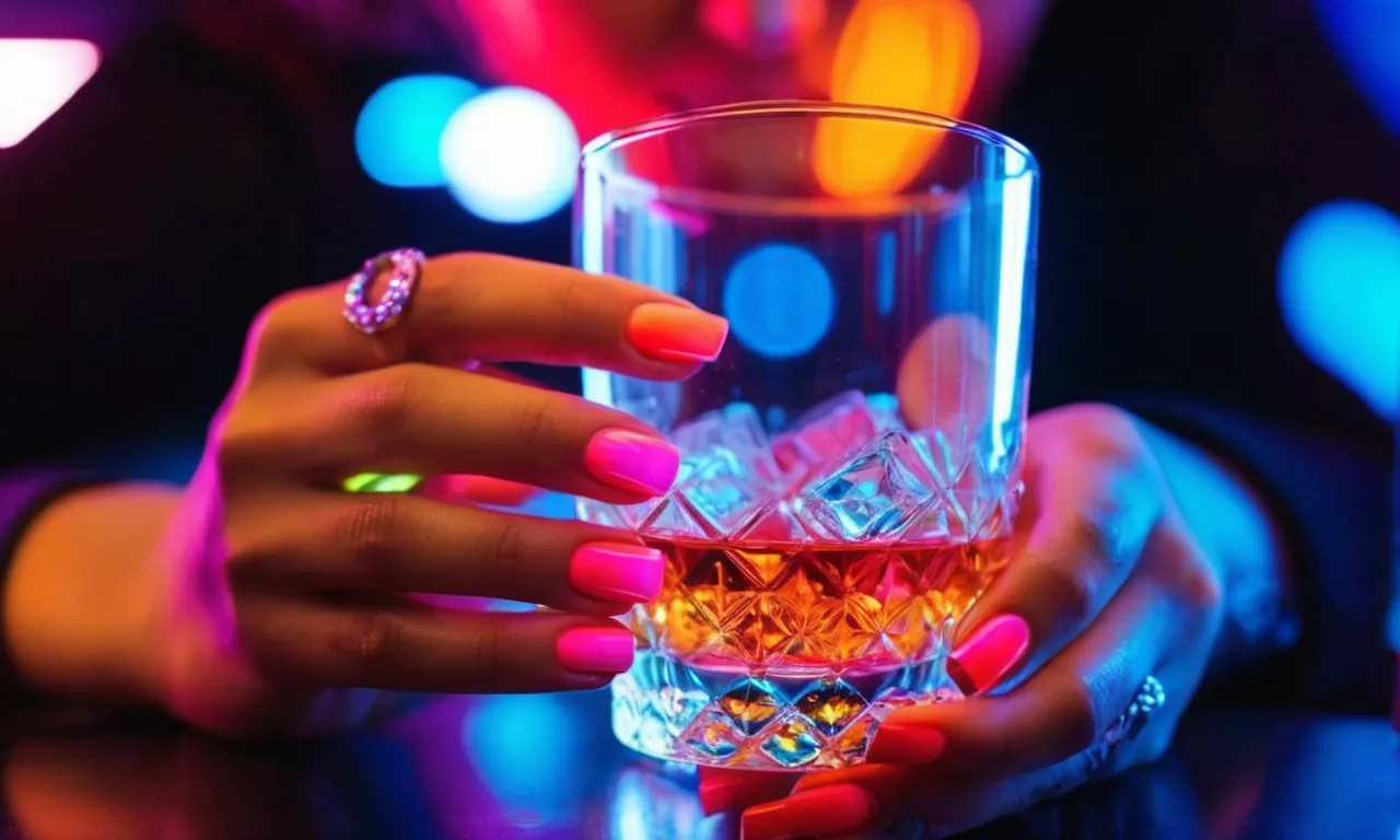 Close-up shot of a hand holding a glass of alcohol, reflecting vibrant neon lights, showcasing glossy gel nails with a mesmerizing shine.