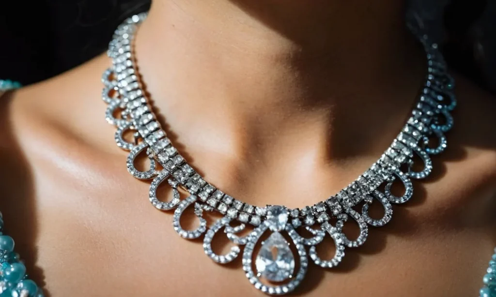 A close-up photo capturing a sparkling silver necklace coated with a layer of clear nail polish, emphasizing its protective shield against tarnishing.