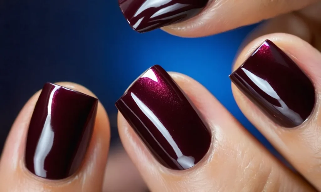 A close-up photo capturing a set of beautifully manicured nails coated with dip powder. The strong, glossy finish showcases the potential of dip powder in strengthening and enhancing the natural nails.