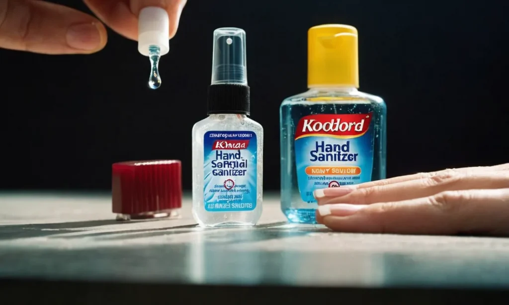 Close-up shot of a bottle of hand sanitizer next to a pair of infected nails, emphasizing the question of whether hand sanitizer can effectively eliminate nail fungus.