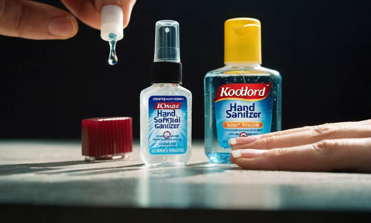 Close-up shot of a bottle of hand sanitizer next to a pair of infected nails, emphasizing the question of whether hand sanitizer can effectively eliminate nail fungus.
