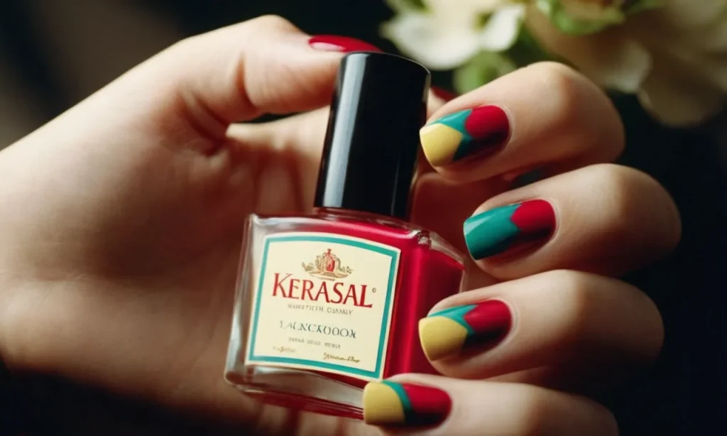 A close-up photograph capturing a graceful hand, adorned with vibrant nail polish, gently holding a bottle of Kerasal. A subtle hint of anticipation surrounds the scene, as if the viewer is about to witness a m