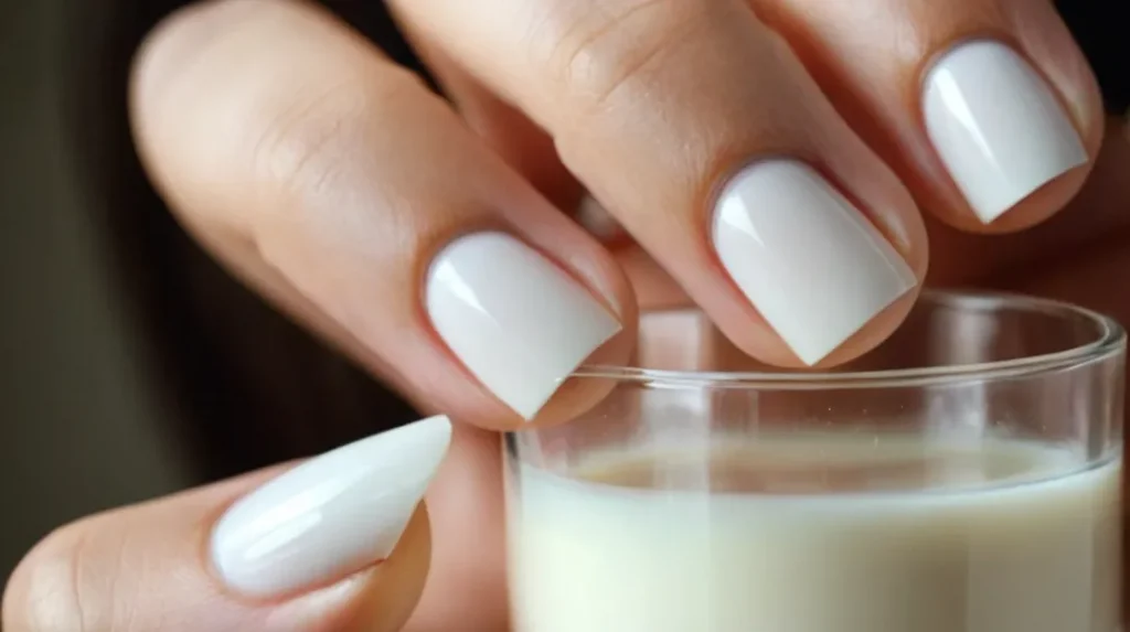 Close-up shot of a woman's hand holding a glass of milk, showcasing her beautifully manicured nails with a subtle growth line, hinting at the potential of milk's role in nail health.