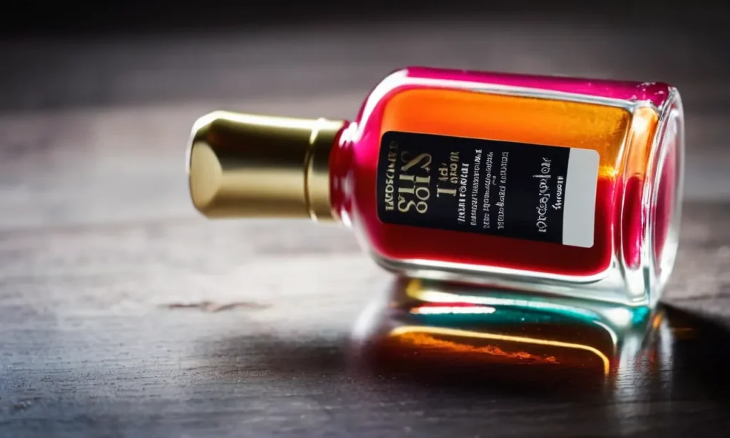 A close-up shot of a bottle of nail polish with a label displaying its ingredients, including alcohol content, capturing the curiosity surrounding its composition.