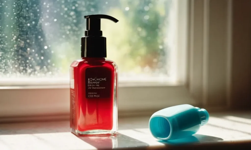 Close-up photo of a nail polish remover bottle on a sunny windowsill, capturing the mesmerizing transformation as the liquid slowly evaporates, leaving behind an empty bottle and a faint scent in the air.