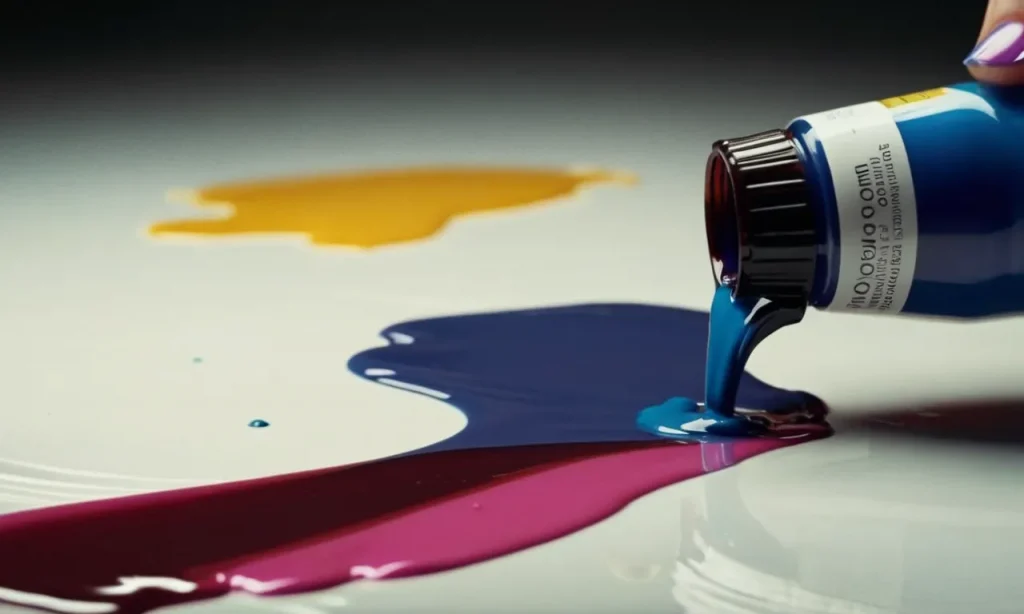 A close-up shot of a bottle of nail polish remover being poured onto a small patch of paint, capturing the chemical reaction as the paint begins to dissolve and fade away.