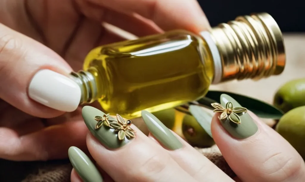 A close-up photo capturing a bottle of extra virgin olive oil alongside a hand adorned with long, healthy nails, implying the potential benefits of using olive oil for nail growth.