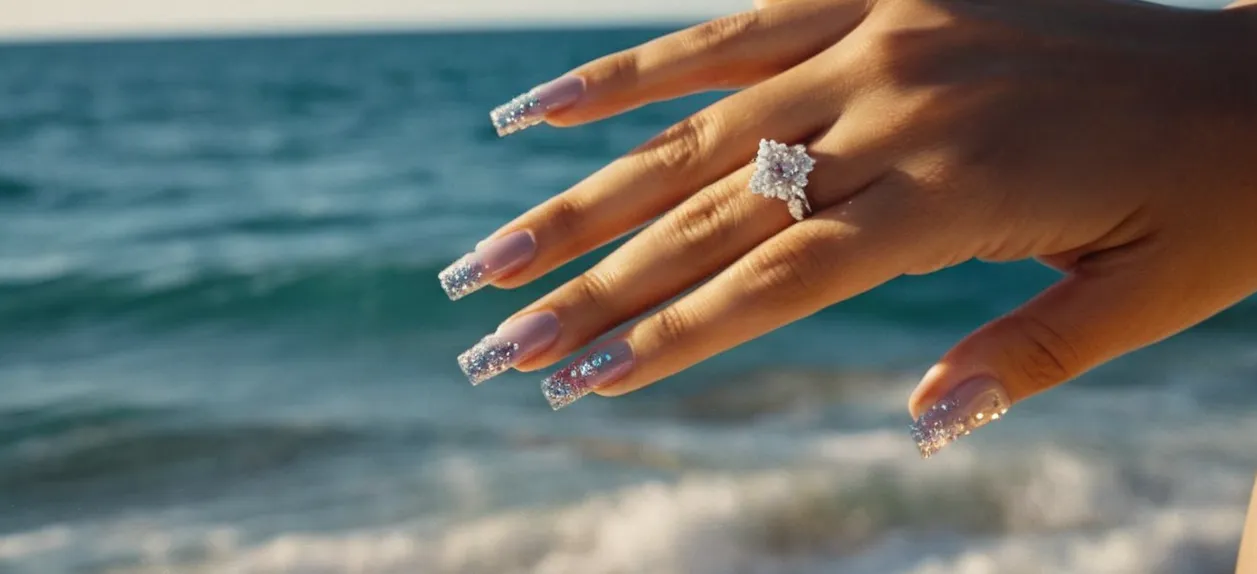 Close-up shot of a manicured hand adorned with vibrant acrylic nails, delicately dipping into crystal clear saltwater, capturing the beauty of both the nails and the ocean's salty embrace.