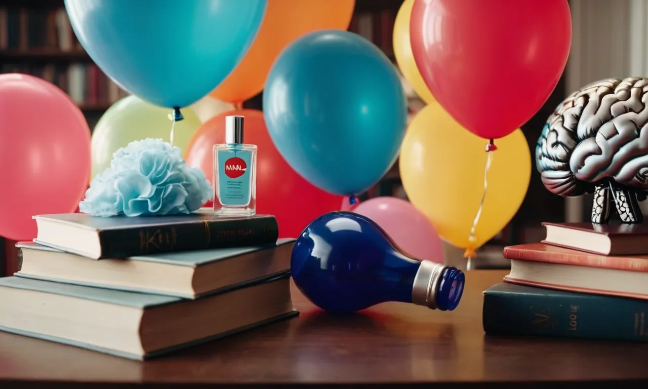 A photo of a person sniffing a bottle of nail polish remover, surrounded by scientific books and brain-shaped balloons, emphasizing the question of whether it harms brain cells.