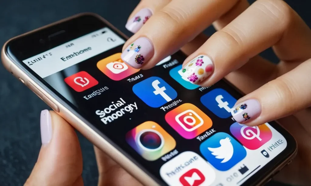 A close-up shot of a hand holding a smartphone displaying a social media app, while the other hand flaunts beautifully manicured nails, suggesting the question: "Does SNS help nails grow?"