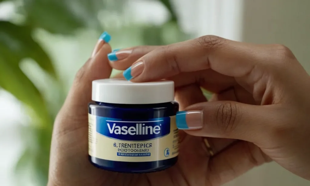 A close-up shot of a hand holding a jar of Vaseline, with beautifully manicured nails in the background, symbolizing the potential of Vaseline to aid in nail growth.