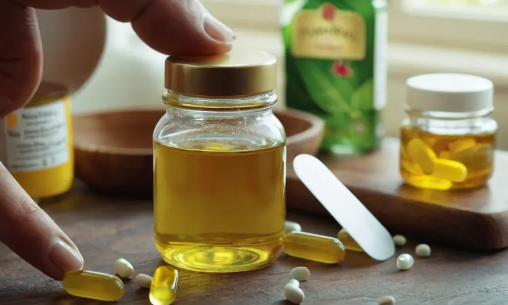 A close-up shot of a bottle of vegetable oil, with a hand holding a nail file and a jar of vitamins in the background, symbolizing the pursuit of healthy nail growth.
