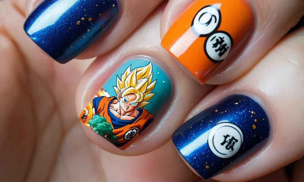 A close-up photograph showcasing exquisite nail art inspired by Dragon Ball Z, featuring vibrant colors, intricate designs, and iconic characters like Goku, Vegeta, and Shenron.