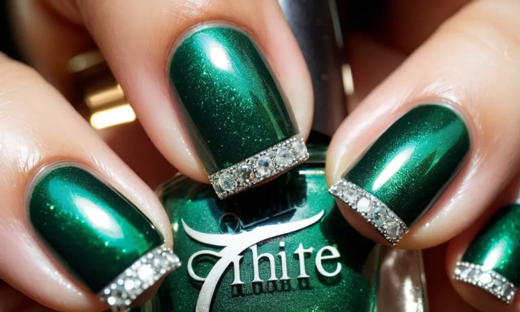 A close-up shot captures the elegance of emerald green nails, adorned with shimmering silver accents, reflecting light and exuding sophistication.