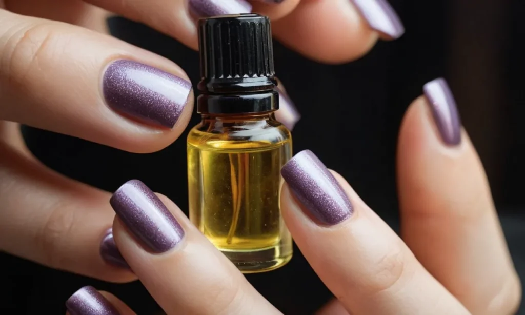 A close-up shot showcasing a bottle of essential oils for nail growth, surrounded by beautifully manicured hands, emphasizing their healthy and strong appearance.