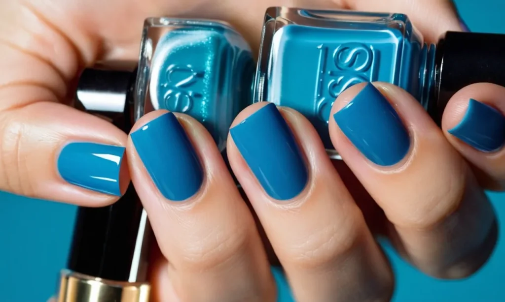 A close-up shot of a woman's hand showcasing a flawless manicure, featuring Essie's vibrant blue nail polish colors, creating a bold and stylish statement.