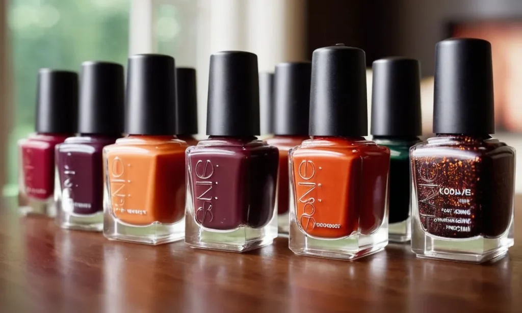A close-up shot capturing a collection of nail polish bottles in rich autumn hues. Each bottle showcases vibrant shades of burnt orange, deep burgundy, and earthy browns, embodying the essence of fall.
