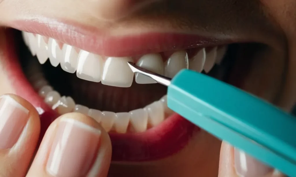 Close-up shot of a hand delicately holding a nail filer, gently filing down the sharp edges of a set of gleaming white teeth, capturing the quest for a flawless smile.