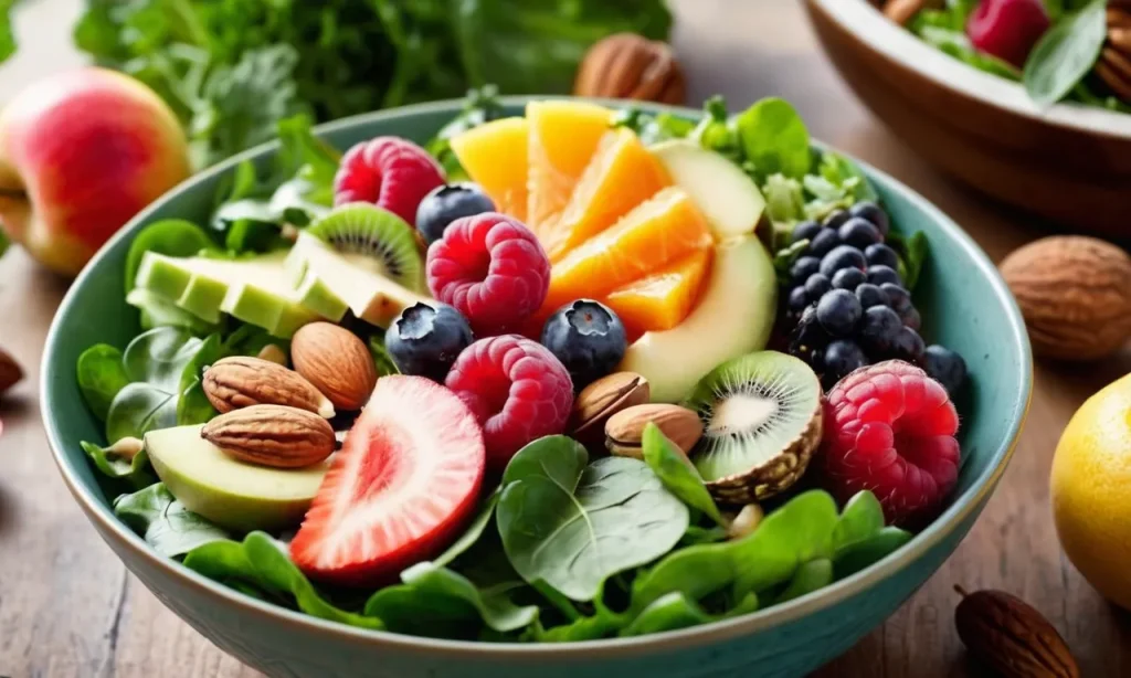 A close-up shot of a vibrant salad bowl filled with leafy greens, colorful fruits, and nuts, capturing the essence of foods that promote healthy hair and nails.