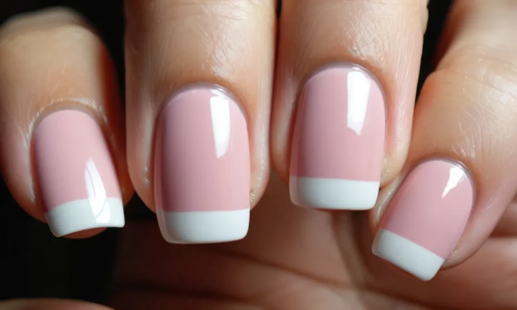 A close-up shot of a hand with short nails painted in a classic French tip style, showcasing the elegant white tips against the natural pink base color.