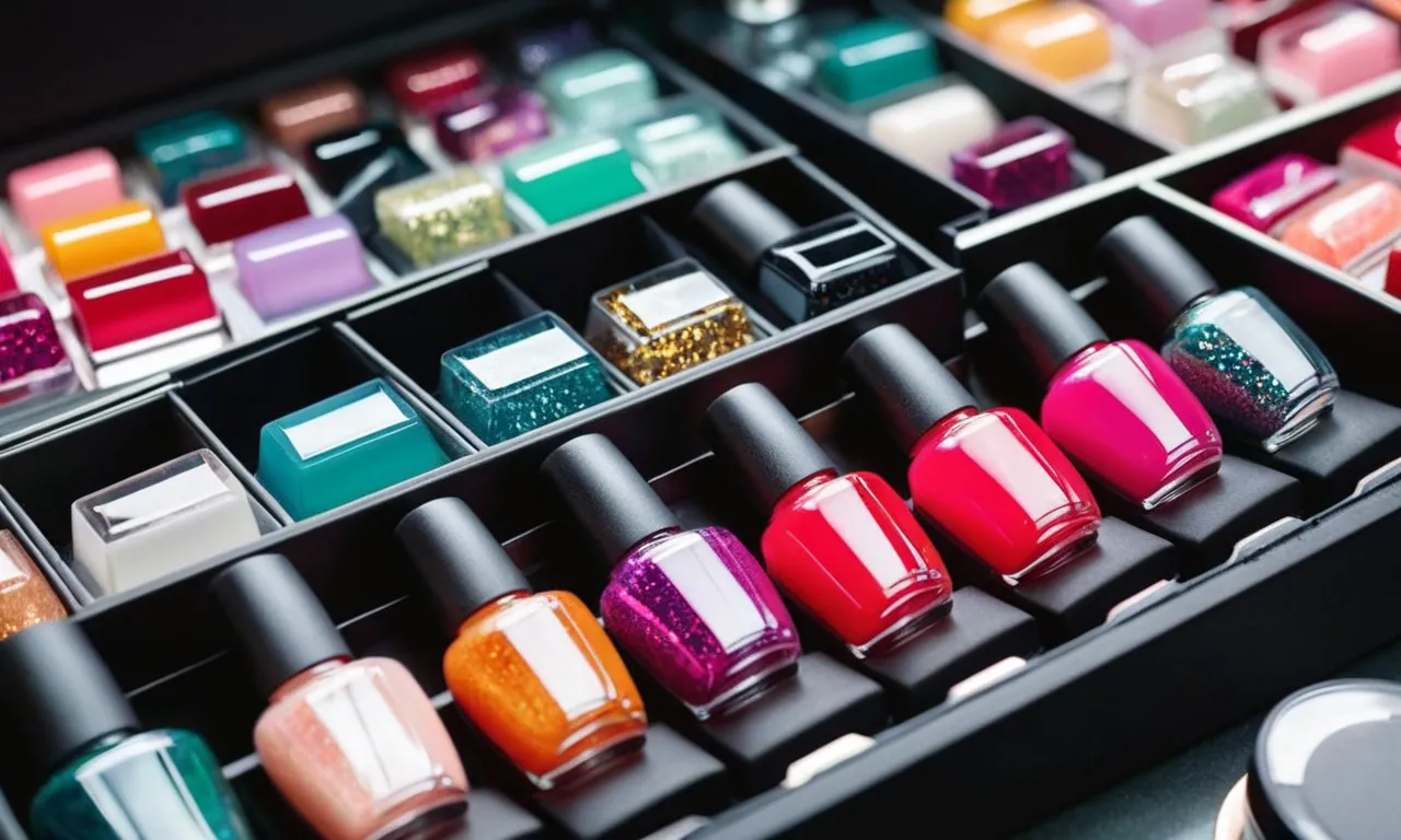 A close-up shot capturing a set of vibrant gel and acrylic nail kits neatly arranged, showcasing an array of colors, textures, and tools, ready to create stunning nail art masterpieces.