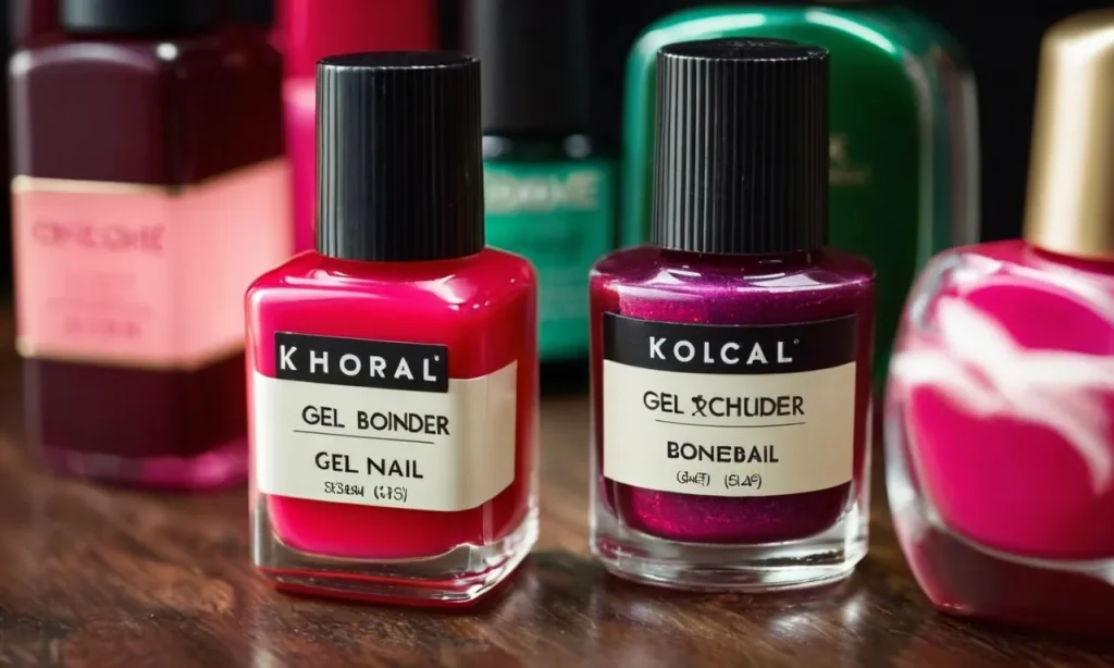 A close-up shot capturing two bottles side by side - one labeled "Gel Nail Bonder" and the other "Base Coat." The colorful nail polishes in the background add a touch of vibrancy.