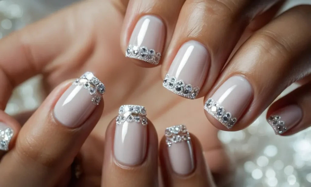 A close-up shot capturing the intricate details of a hand adorned with a flawless gel nail French tip design, showcasing elegant white tips delicately outlined with a thin strip of shimmering silver.