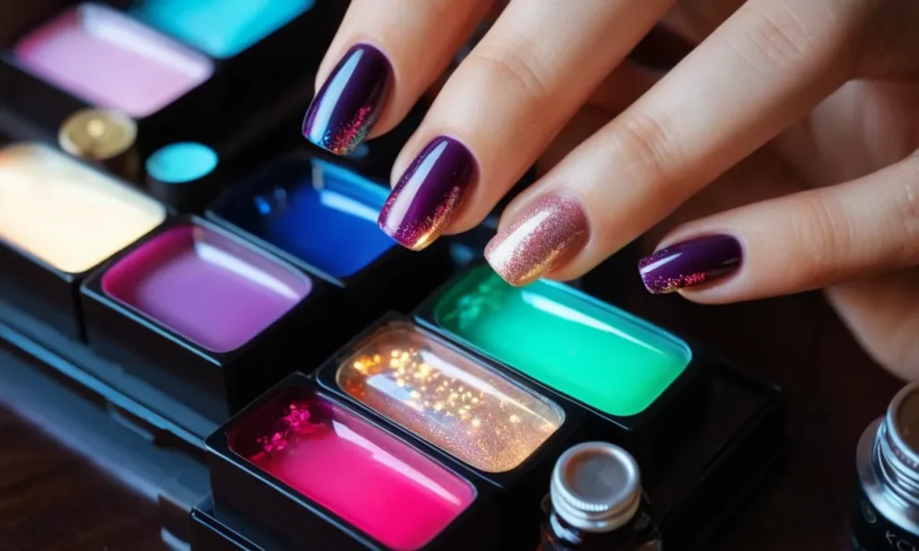 A close-up shot of a hand holding a gel nail kit for beginners, showcasing vibrant colors of nail polishes, a UV lamp, and various nail art tools, inviting beginners to explore the world of gel nails.